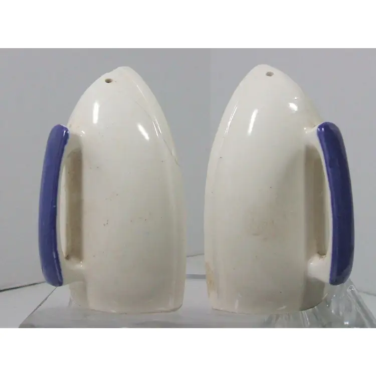 Vintage King Island Park Ceramic Iron Shaped 4" Salt & Pepper Shakers White/Blue w/Stoppers