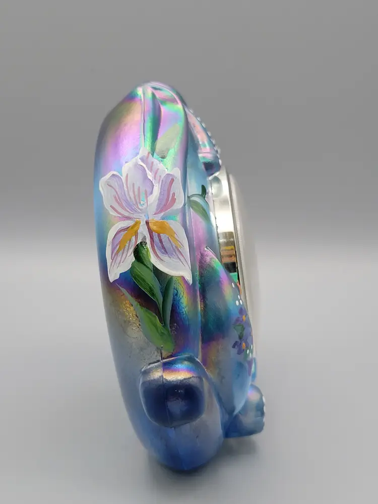 #01 1998 Fenton Signature Series Misty Blue Satin Iridescent Hand Painted Alarm Clock