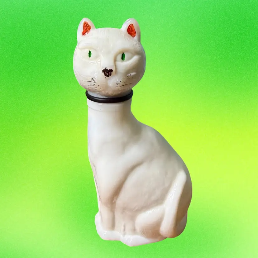 Vintage MCM Empoli 7" Milk Glass Cat Decanter Bottle Painted Details Italy
