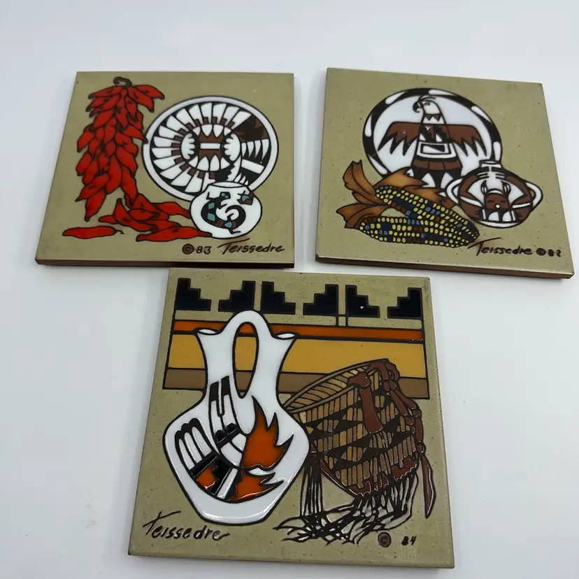 Cleo Teissedre Southwestern Native American Ceramic Tiles Set/3