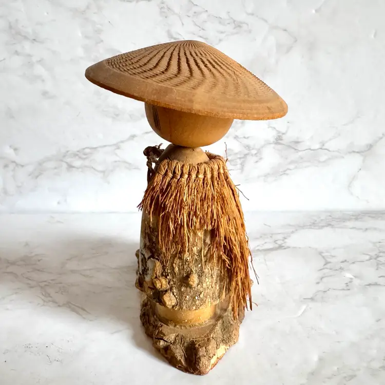 Vintage Japanese Kokeshi Doll & Basket - Traditional Bobblehead Style