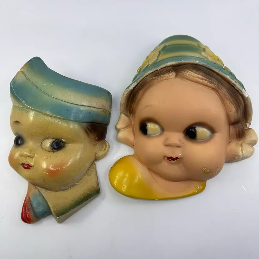 Vintage 1940's Chalk Ware Sailor Boy & Girl Wall Hangings 9”/7.5”