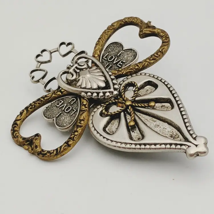 Cross Embellished w/ Hearts & I Love U Silver & Copper Tone Brooch Treska