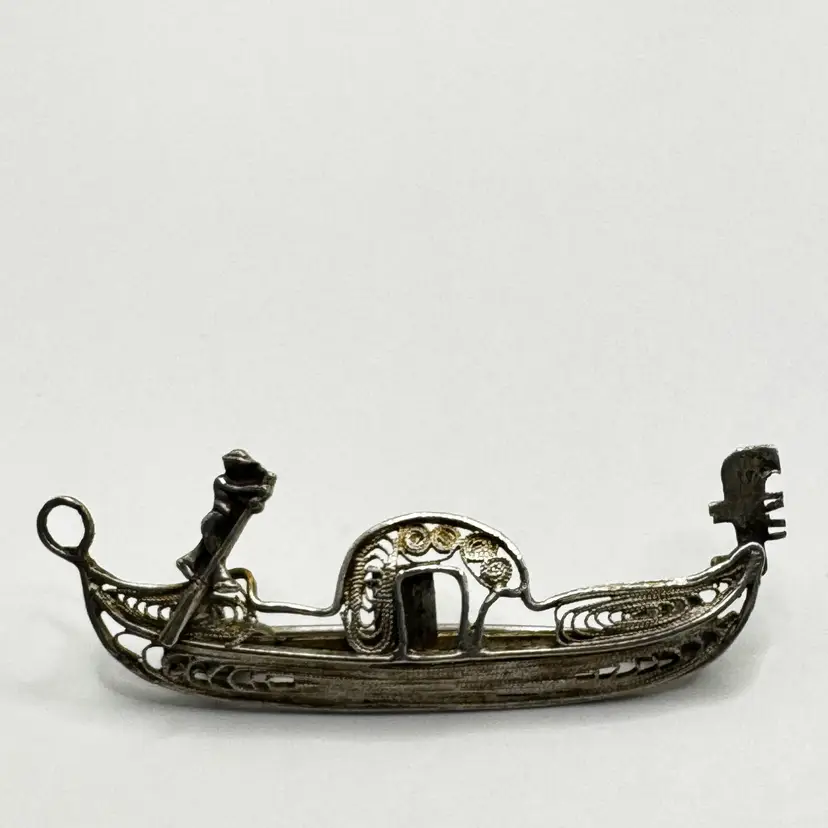 Vintage Italian Gondola Filigree Silver Brooch Pin, Stamped 800, Made in Italy