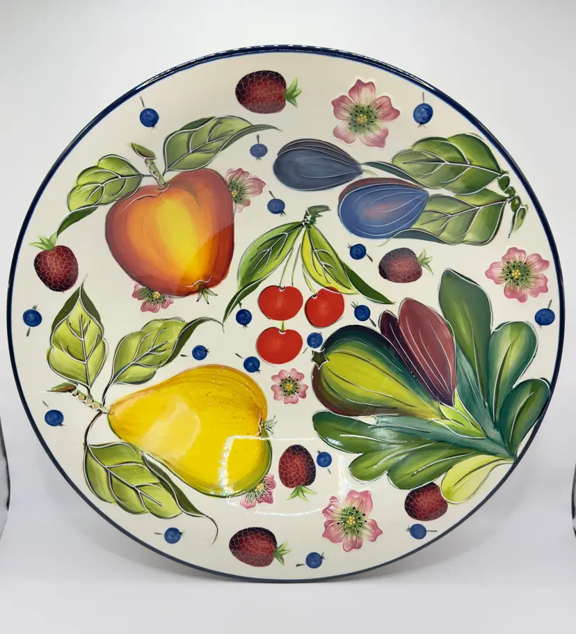 Vintage 2004 Embossed Colorful Hand-Painted Fruit and Floral Ceramic 12.5” Bowl, Vibrant Kitchen Decor, Signed By Artist J. McCall, Blue Sky Clayworks, Made in China