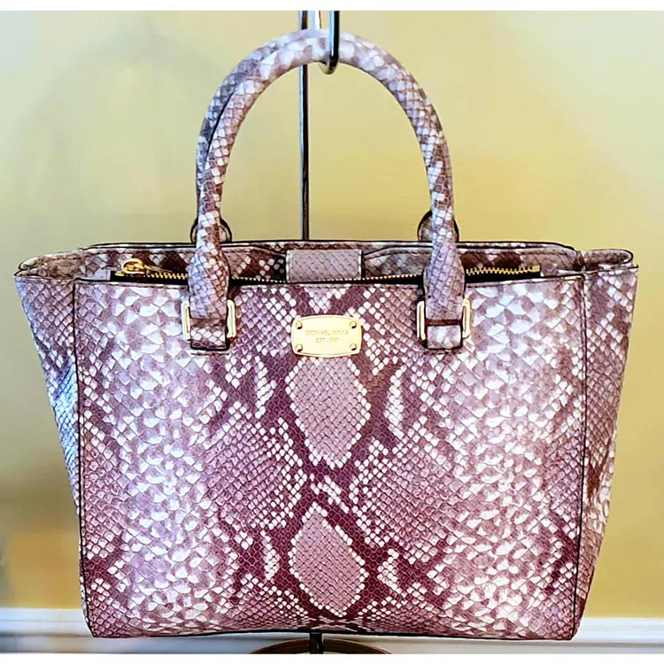 Michael Kors Kellen Snake Python Embossed Leather Tote Satchel Purse Medium in Sand Brown