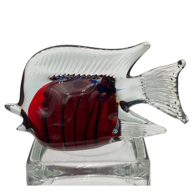 Art Glass Tropical Fish Paperweight, Red with Blue Striping