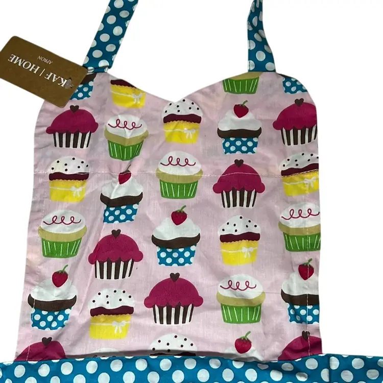 Retro Cupcake Apron With Turquoise And White Polka Dot Ties And Fringe