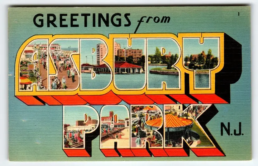 Greetings From Asbury Park New Jersey Postcard Linen Large Big Letter Beach Town