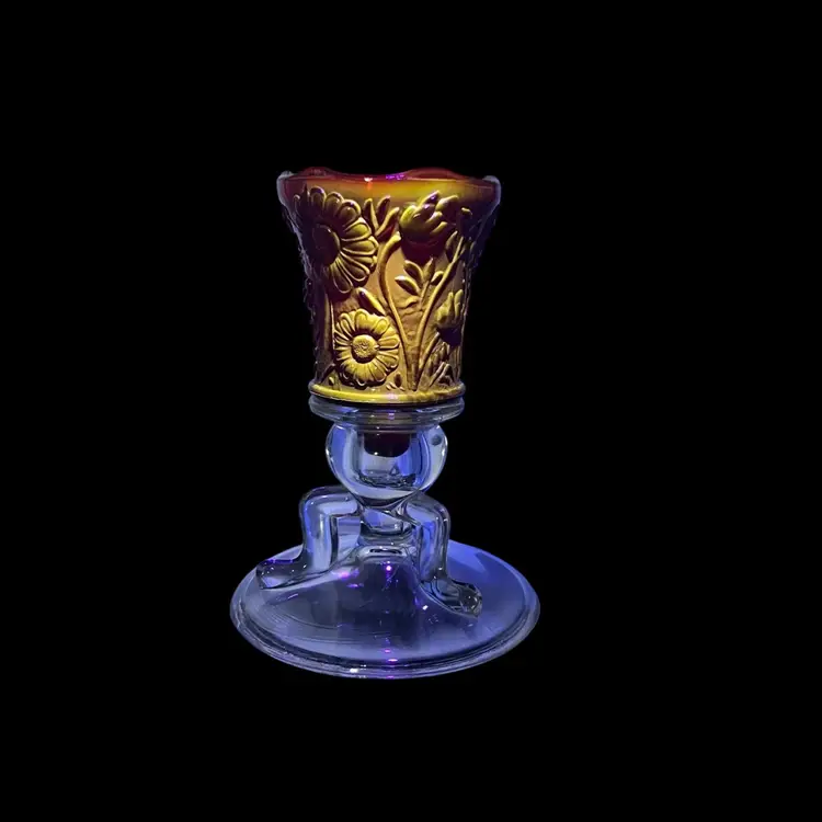 Vintage Candle HolderRuby Red Votive Holder On Clear Taper Holder BaseUV Reactive Yellow GoldSunflower Pattern Daisy And Floral Peg BaseChristmas Holiday Hosting #1 Party Celebration Winter GiftThanksgiving Harvest Autumn Halloween Party Celebration Gift Mothers Day Anniversary Birthday