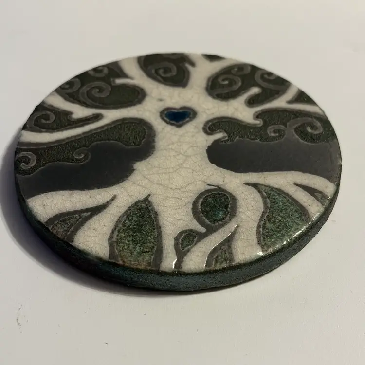 Tree of Life Coaster Jeremy Diller Earth & Fire RAKU POTTERY Signed 4 1/8" D