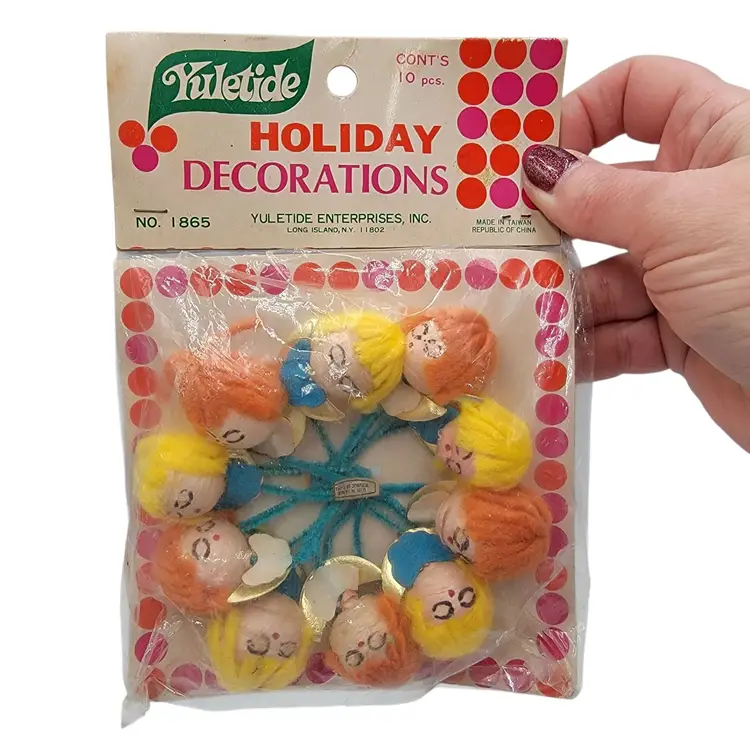 NOS Yuletide Holiday Decorations Spun Head Package Toppers 10 Pcs Vintage