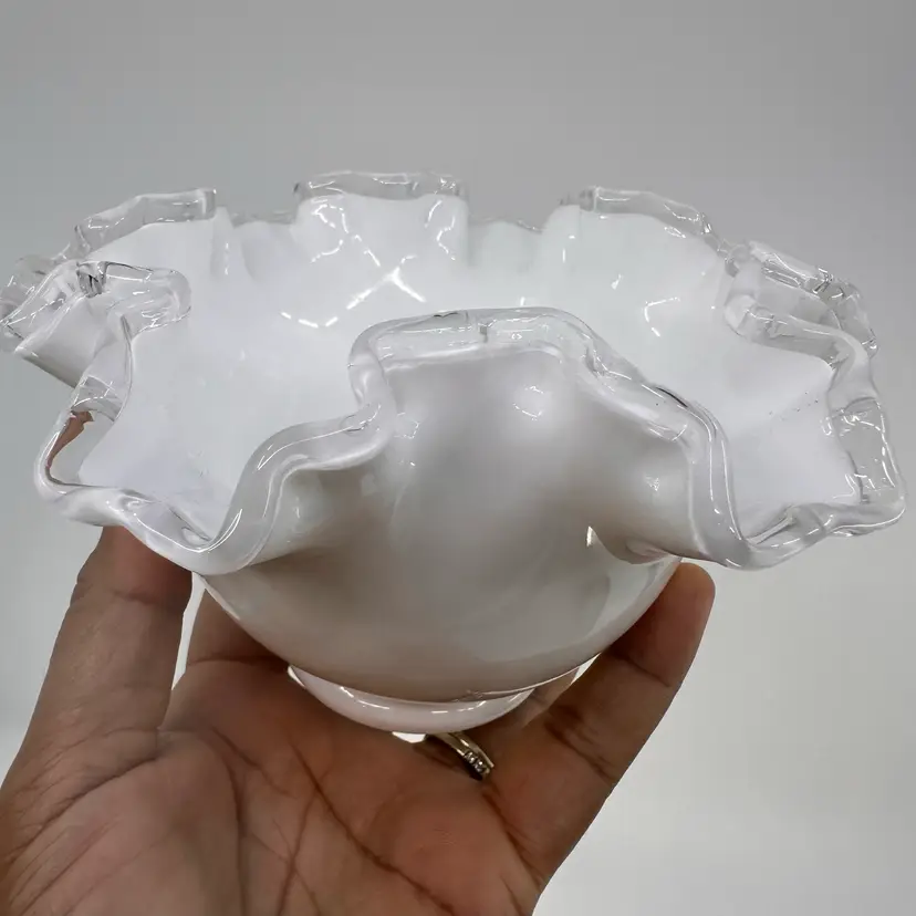 Vintage Fenton Silver Crest White Milk Glass Bowl Ruffled Bowl