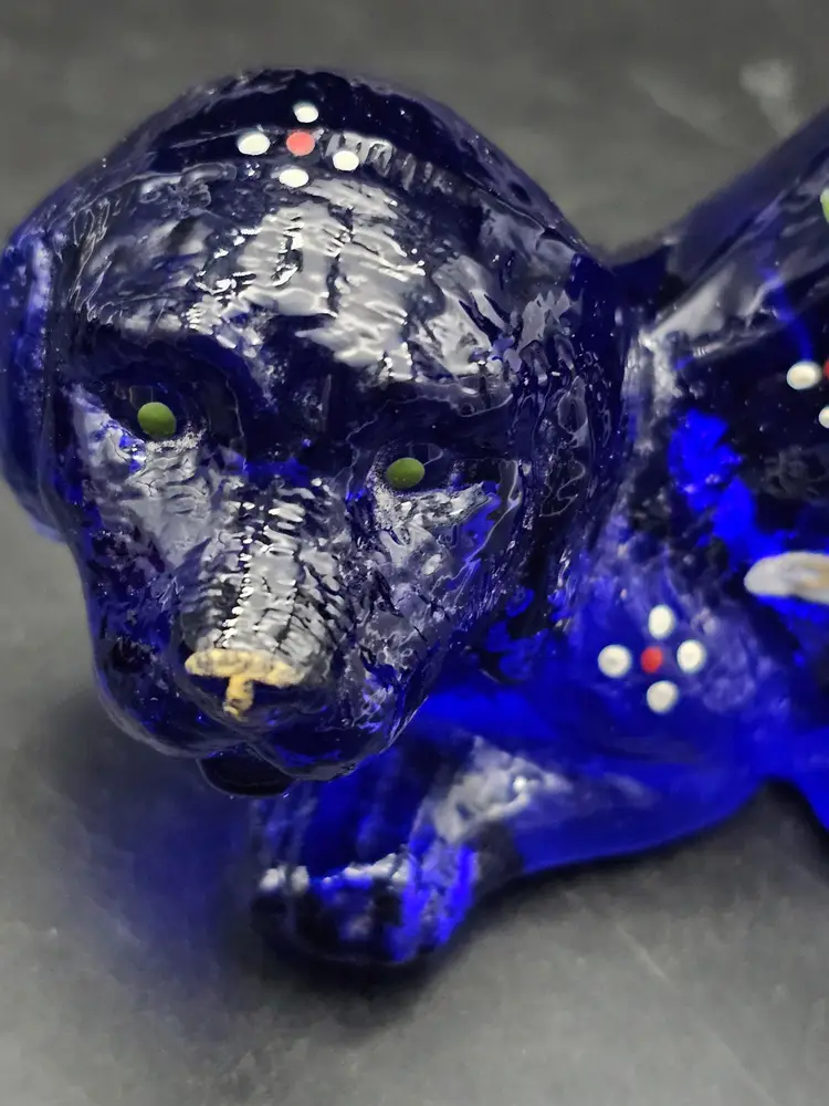 Fenton Blue Cobalt Puppy Dog Laborador Hand Painted Floral Signed With Label