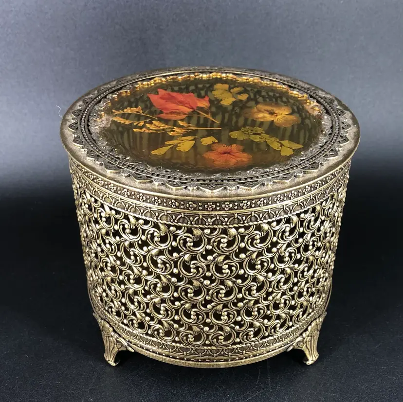 Vintage Hollywood Regency Filigree Ormolu Style Jewelry Box w/ Pressed Flowers