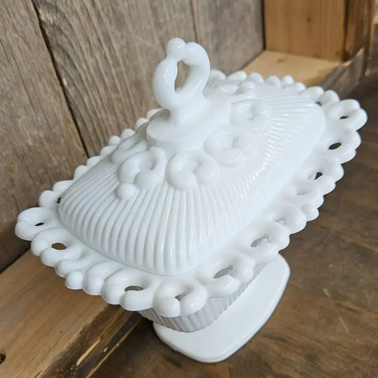 Indiana Milk Glass Pedestal Dish With Lid and Laced Edge