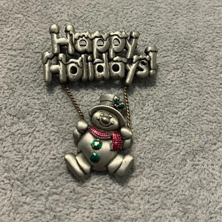 Whimsical Vintage Snowman Happy Holidays Brooch