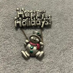 Whimsical Vintage Snowman Happy Holidays Brooch