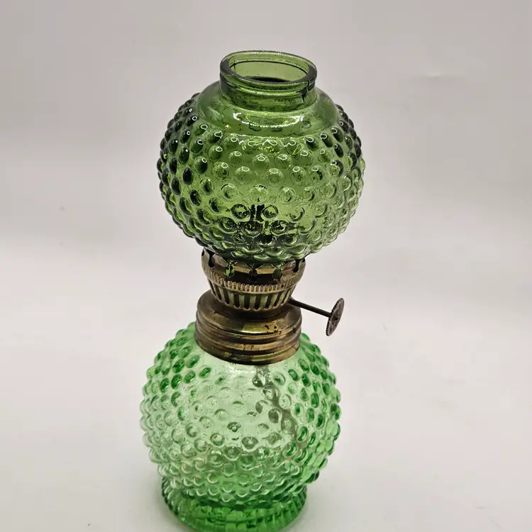 Vintage oil lamp green Hobnail Glass made in Hong Kong