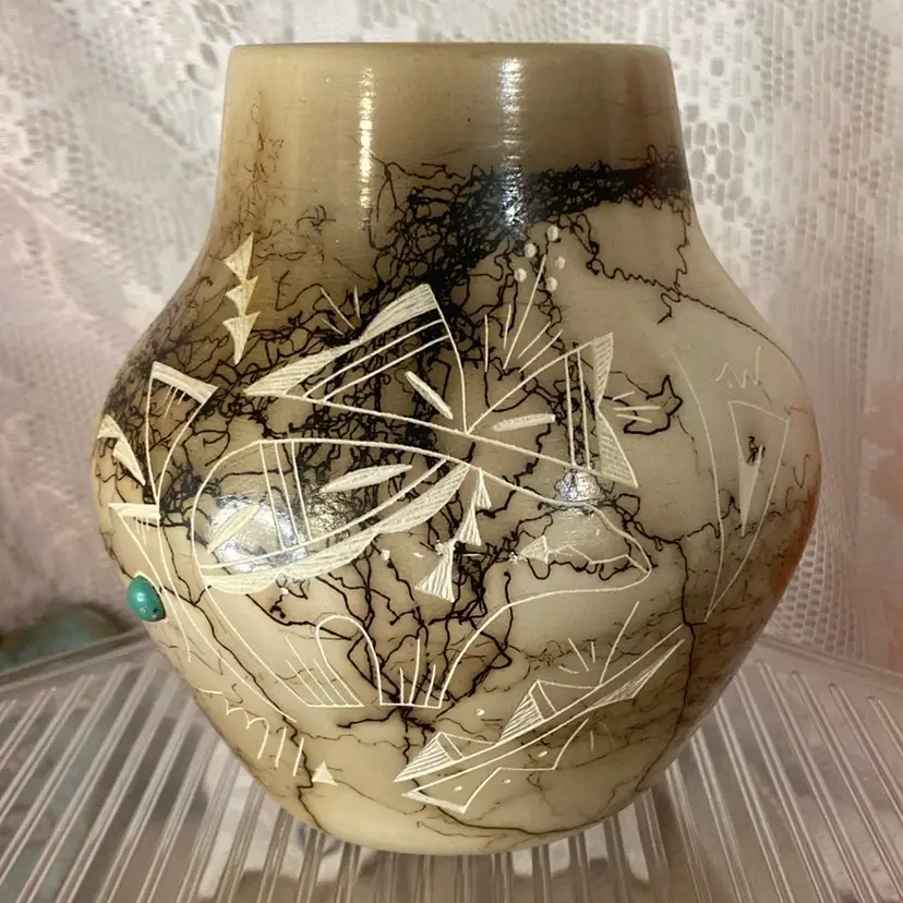 Authentic Navajo Horsehair Pottery With Gemstone 6”H X 5.5”W 3”, Vail Family