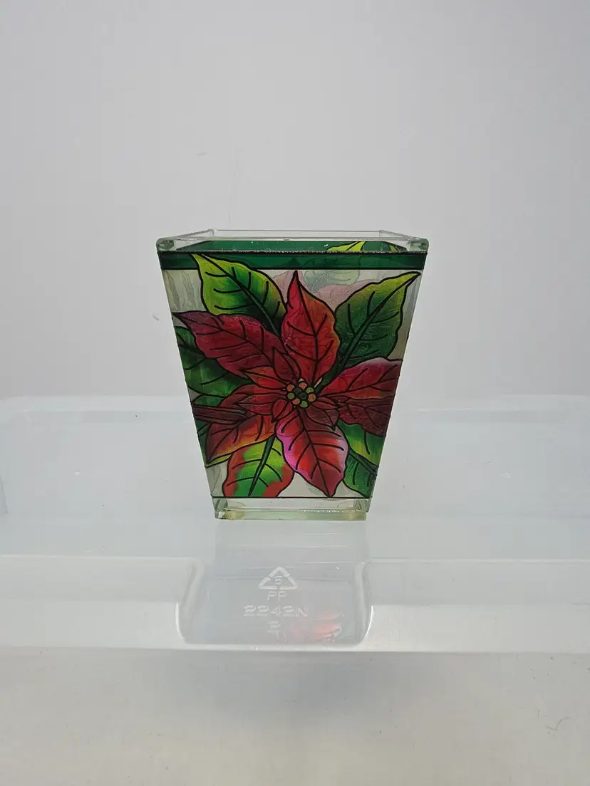 AMIA Stained Glass Poinsettia/ Cardinal Votive Candle Holder 3.25" (N)