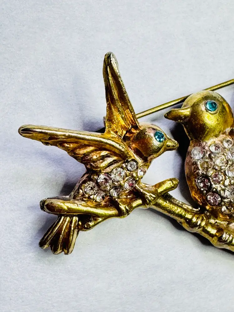 Rare Antique Art Deco Gold Plated Pot Metal & Rhinestone Birds On A Branch Brooch - Attributed To Coro