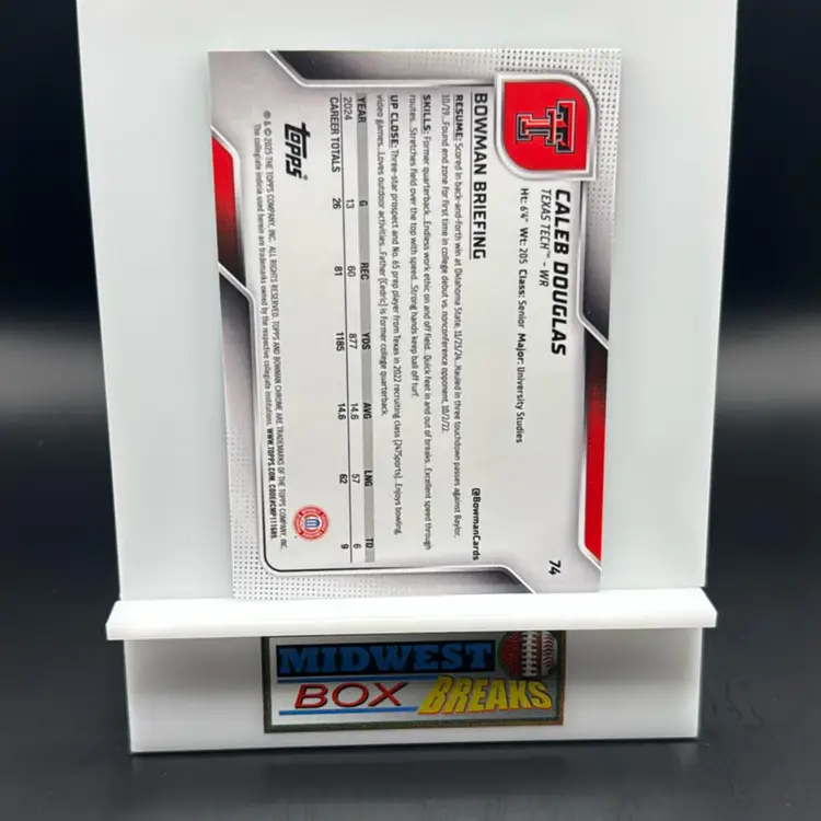 Caleb Douglas 1st 188/325 Aqua 2025 Bowman University Chrome Texas Tech MBBCRD