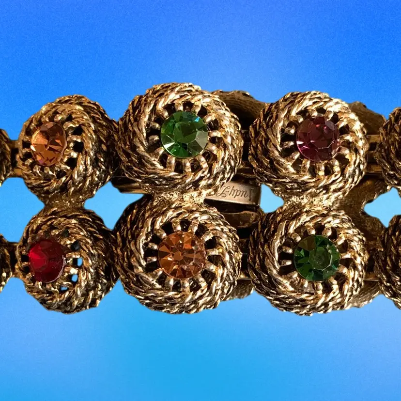 JUDY LEE  Antique Gold Two  Rows  Of Nine Prong Set Multi -Color Rhinestones In A Dome Set Setting. Fold Over Clasp