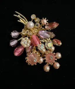 Vintage Floral Spray Brooch Pink Purple Art Glass Beads Pearls