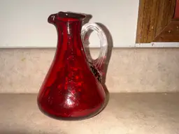 Red Glass Pitcher, Pourer, Creamer Or Vase Clear Applied Handle