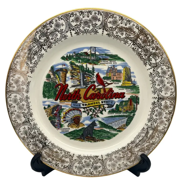 Vintage North Carolina Tar Heel Souvenir Plate Lifetime China Prairie Gold 10"