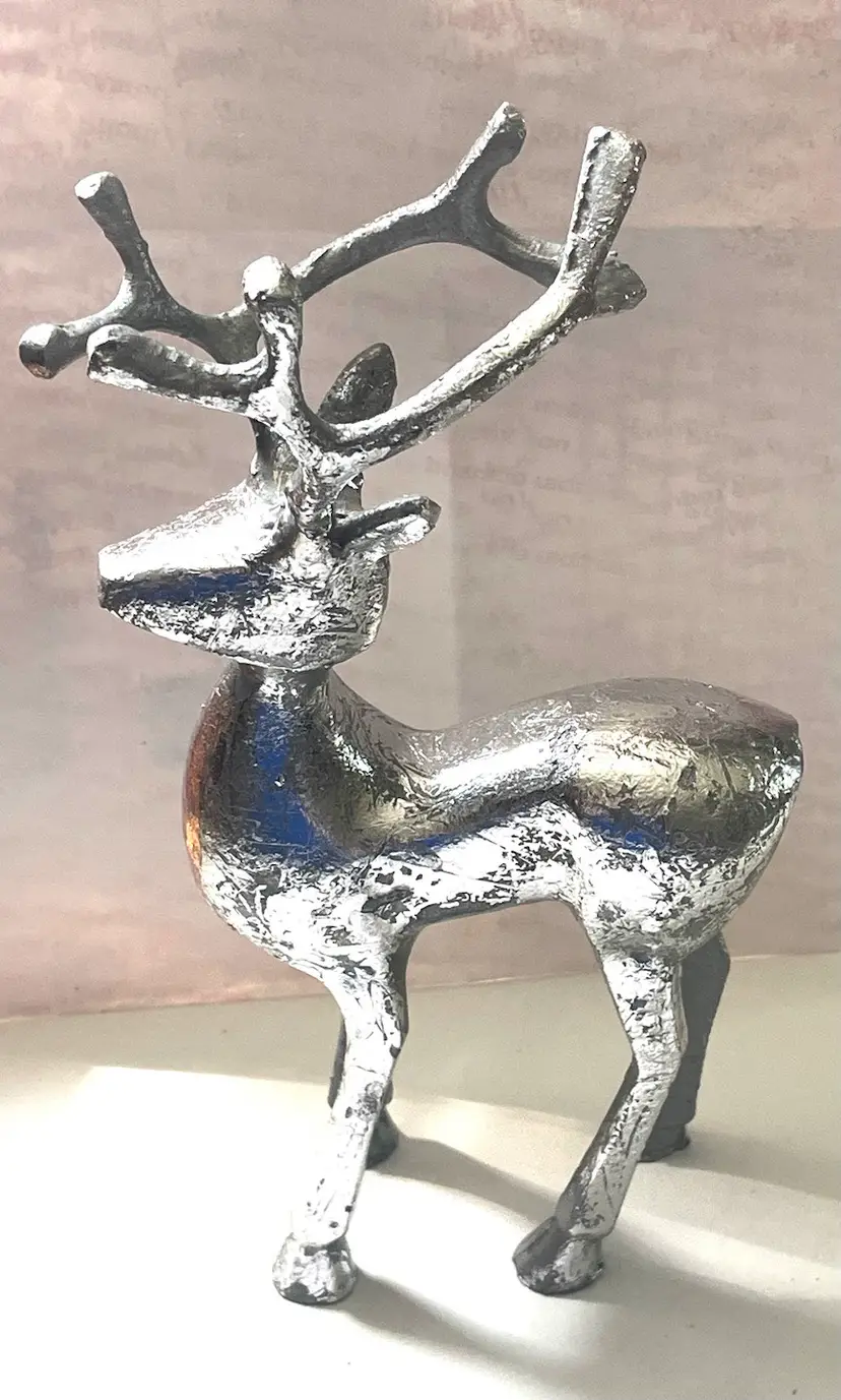 Vintage Metal Reindeer Figurine. Applied Silver Color. Christmas