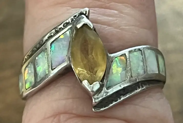 Vintage Sterling Silver Citrine Opal Inlay Ring 5.75 Signed 96