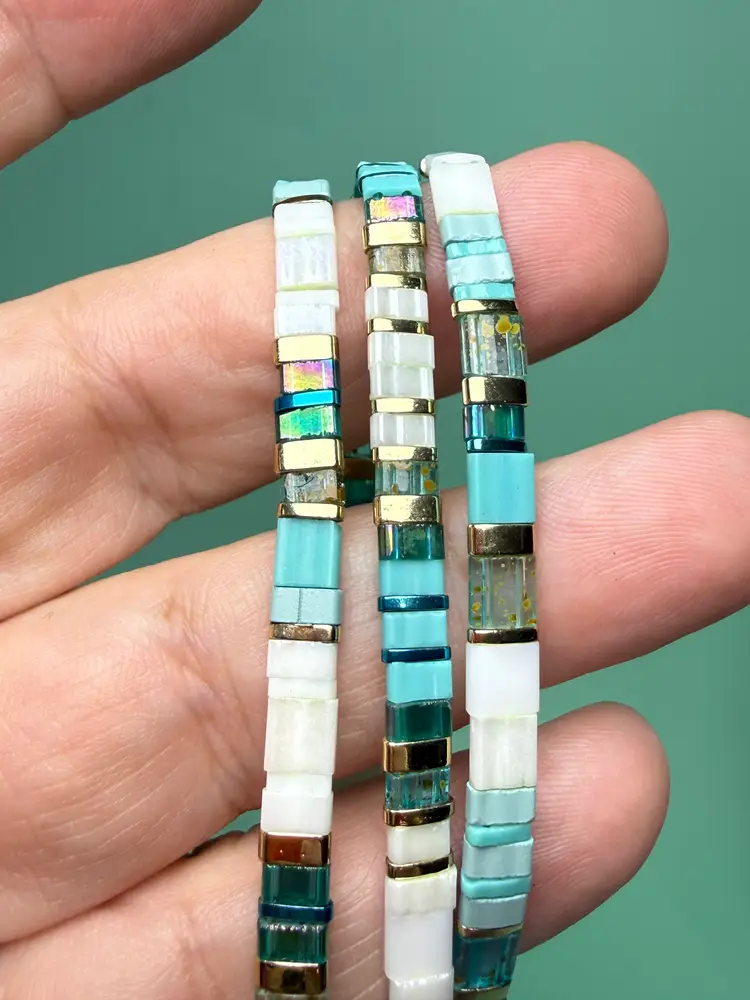 Rush by Denis & Charles 3 Blue Multi-Colored Tile Beaded Stretch Bracelet NWT