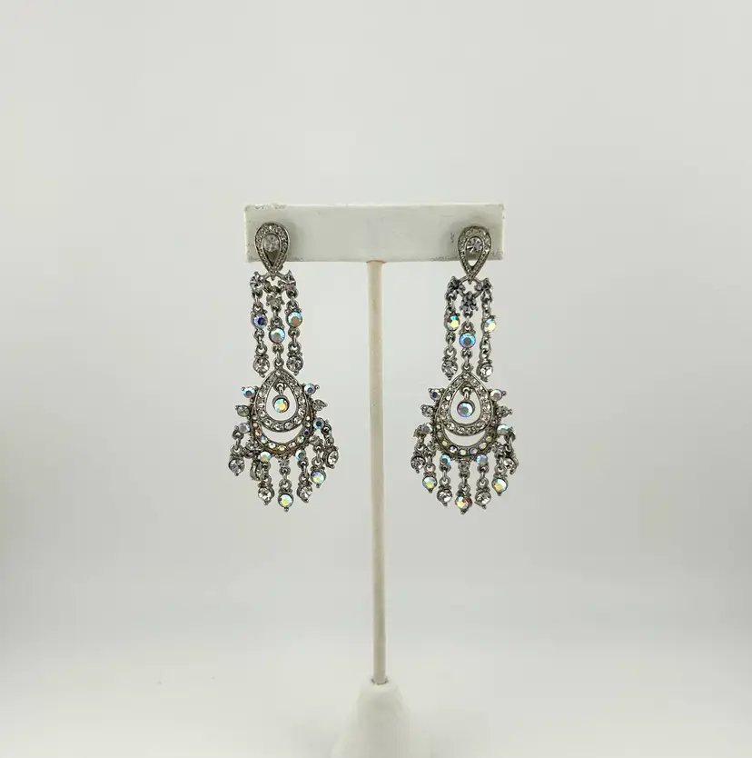 Upcycled Silver Tone AB Crystal Chandelier Pierced Earrings 3”