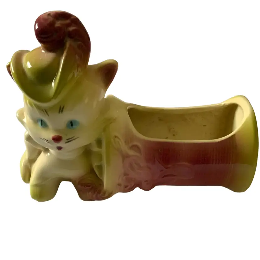 Vintage USA Hull Art Pottery Cute Kitty Cat Planter # 89 Cat With Thread with Spool Pastel Green And Cranberry Pink 8” By 6.25”