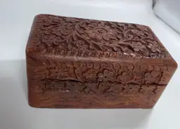 Carved Wood Box Hinged Intricate Wood Carving Design Flower 4”