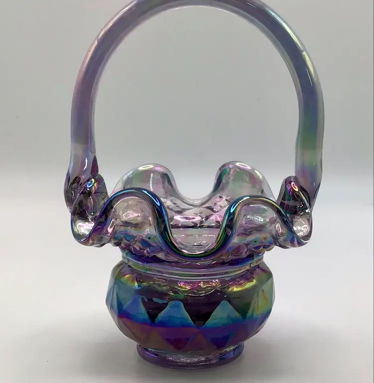Vintage Fenton Iridescent Glass Basket With Handle 4.25”