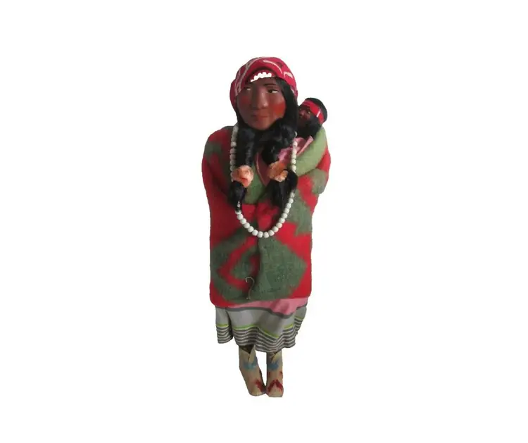 1940's 12" Female SKOOKUM Native Doll Carrying Baby on Back