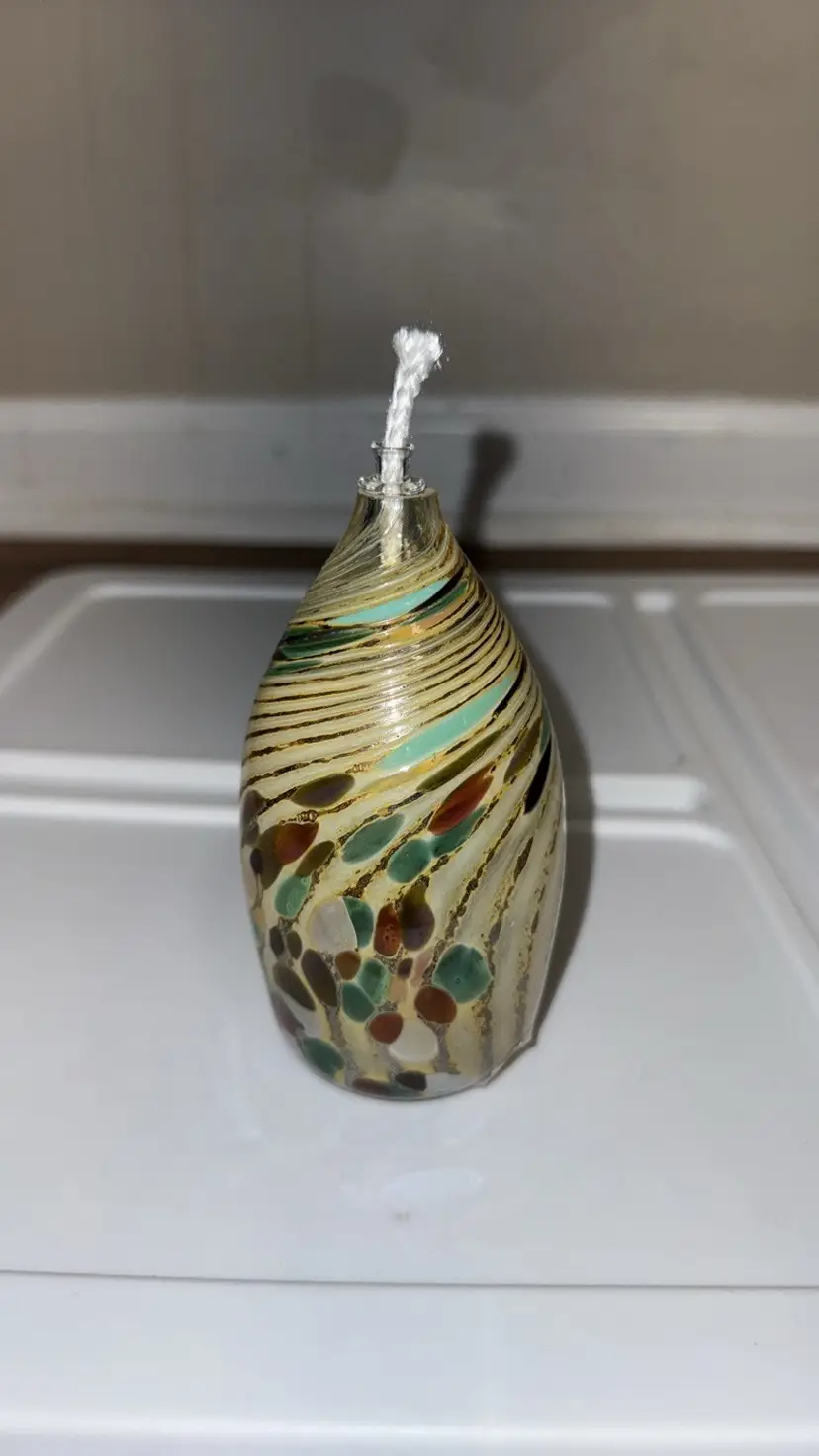 Loretta Eby Hand Blown Oil Lamp Signed 5” Art Glass Tan gold green
