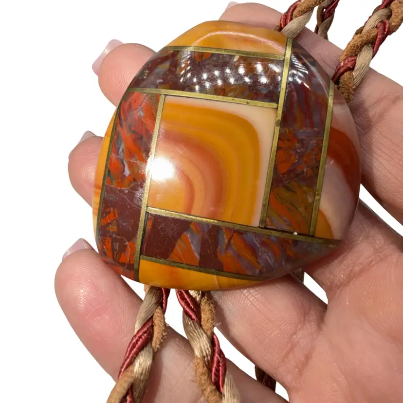 1970s Brass Inlaid with Banded Agate and Jasper Bolo