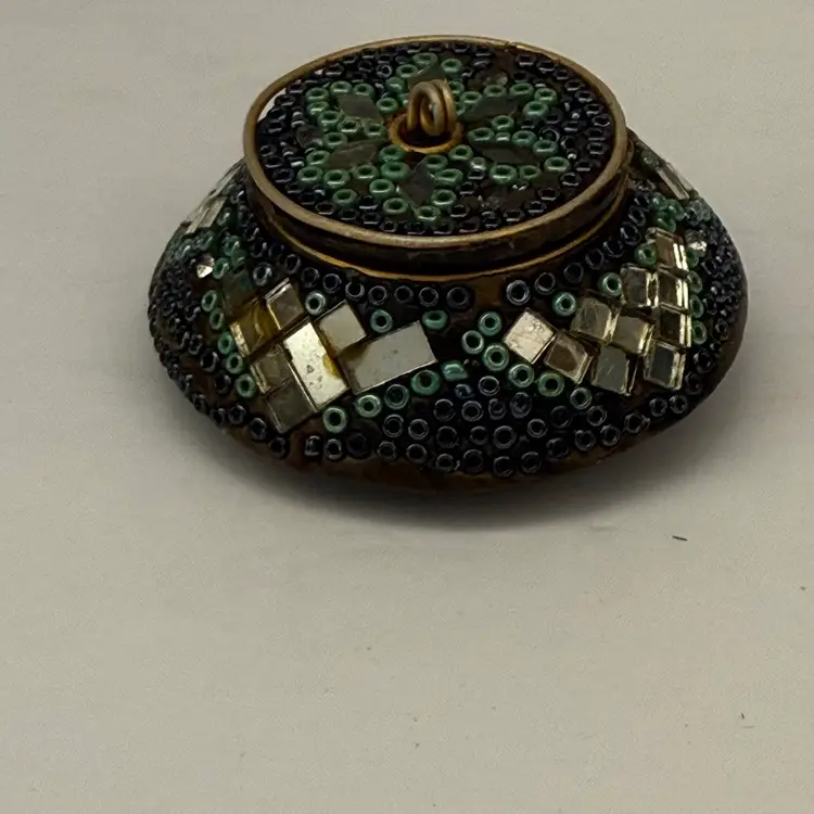 Small Round Green Mirror Trinket Box with Beads India