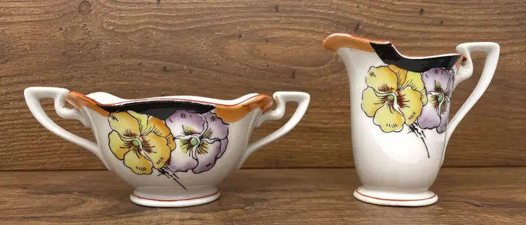 Vintage Japan Hand Painted Ceramic
Pansy Creamer and Open Sugar Set