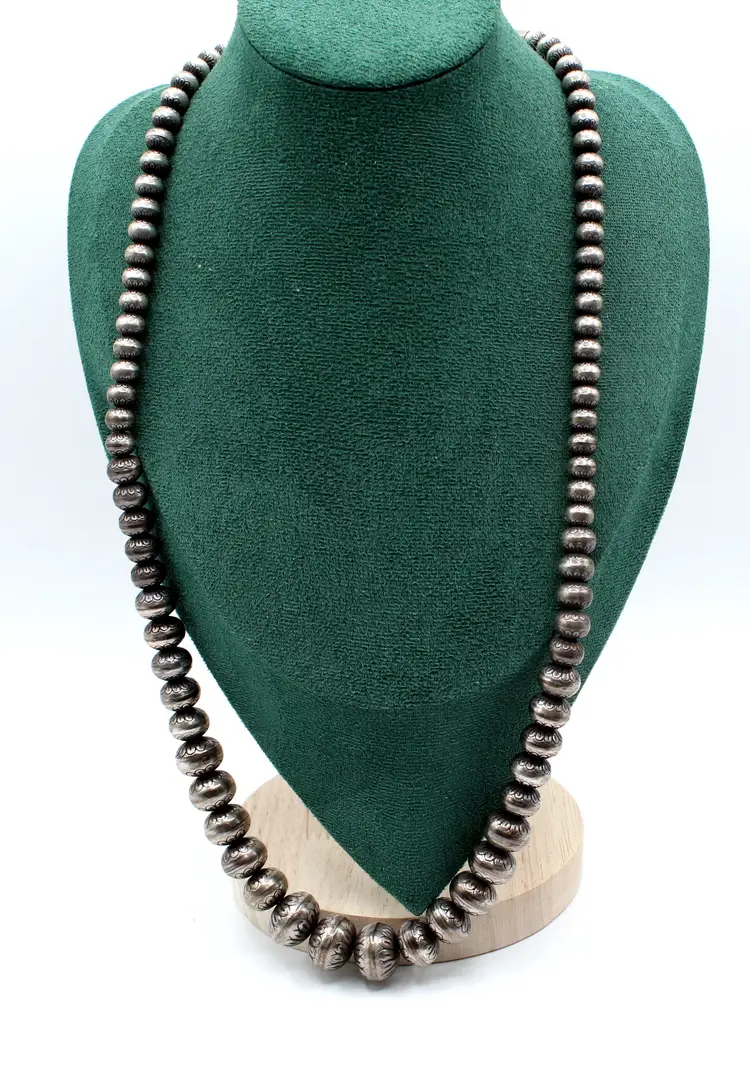 Vintage Navajo Dine' sterling silver stamped beaded 26" necklace 80g
