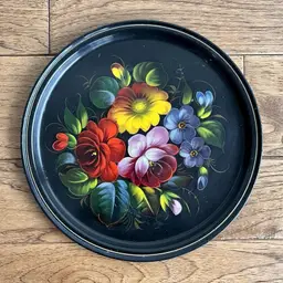 Vintage Russia USSR Enamel Hand Painted Floral Flower Serving Tray Tole 11.5”Vintage Russia USSR Enamel Hand Painted Floral Flower Serving Tray Tole 11.5”