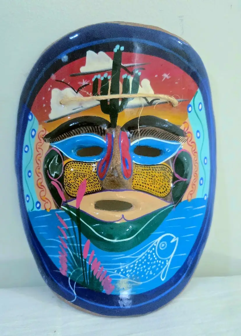 Hand Painted Terracota Mexican Clay Face Mask Wall Decor Art 9”