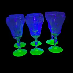 009. Six Vintage Tiffin Green Uranium Glass Stemmed Art Deco Needle Etched Wine Goblets