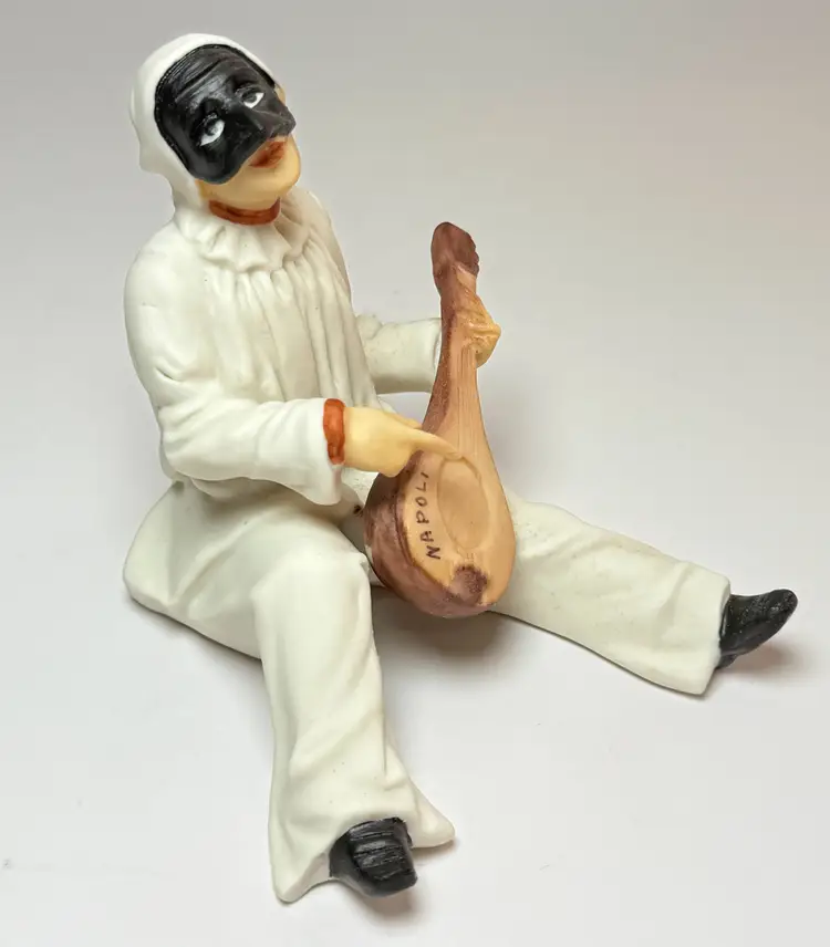 Capodimonte Porcelain Pulcinella Black Masked Figurine Playing Mandolin Napoli
