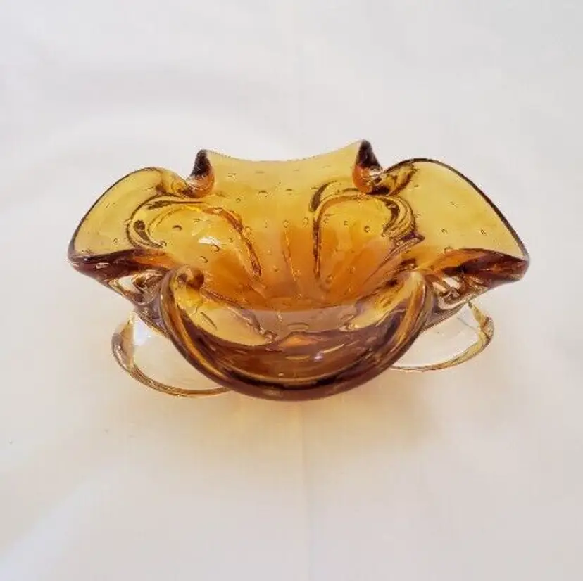 Art Glass Ashtray Amber and Clear With Bullicante 6½" Vintage