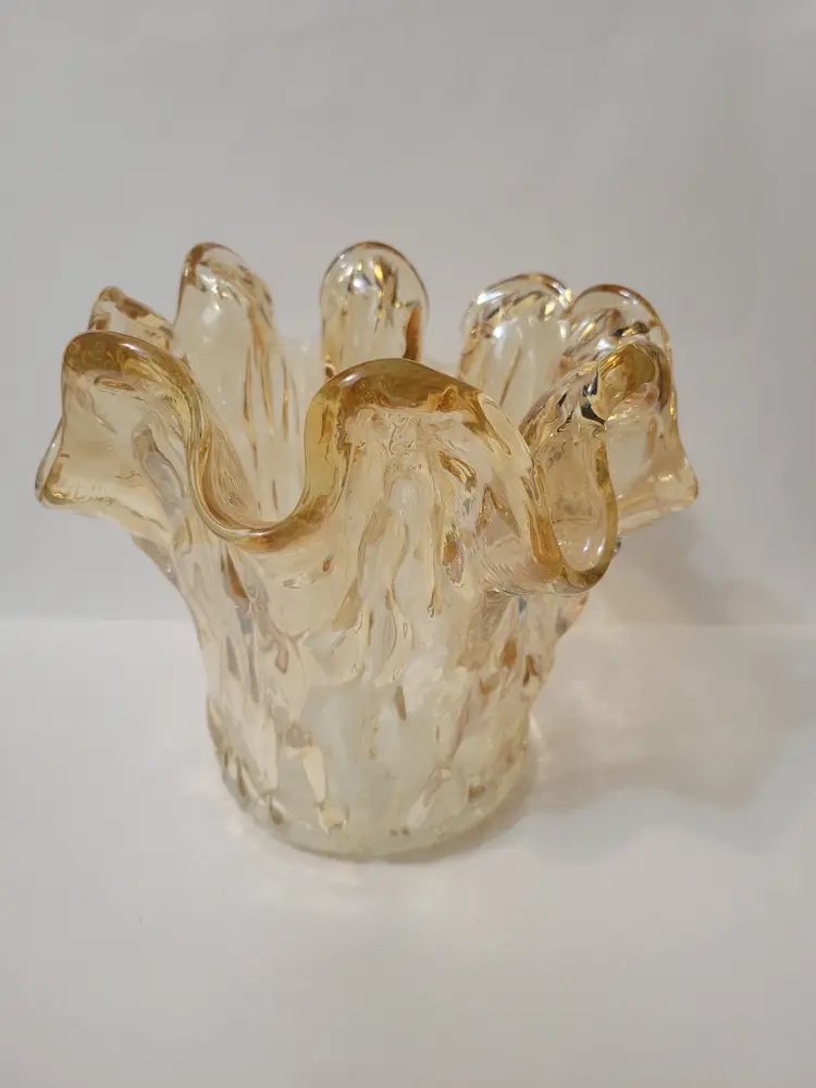 Tammaro MURANO Amber Handkerchief Ruffled Hand Blown Glass Candle Vase 8.25” H